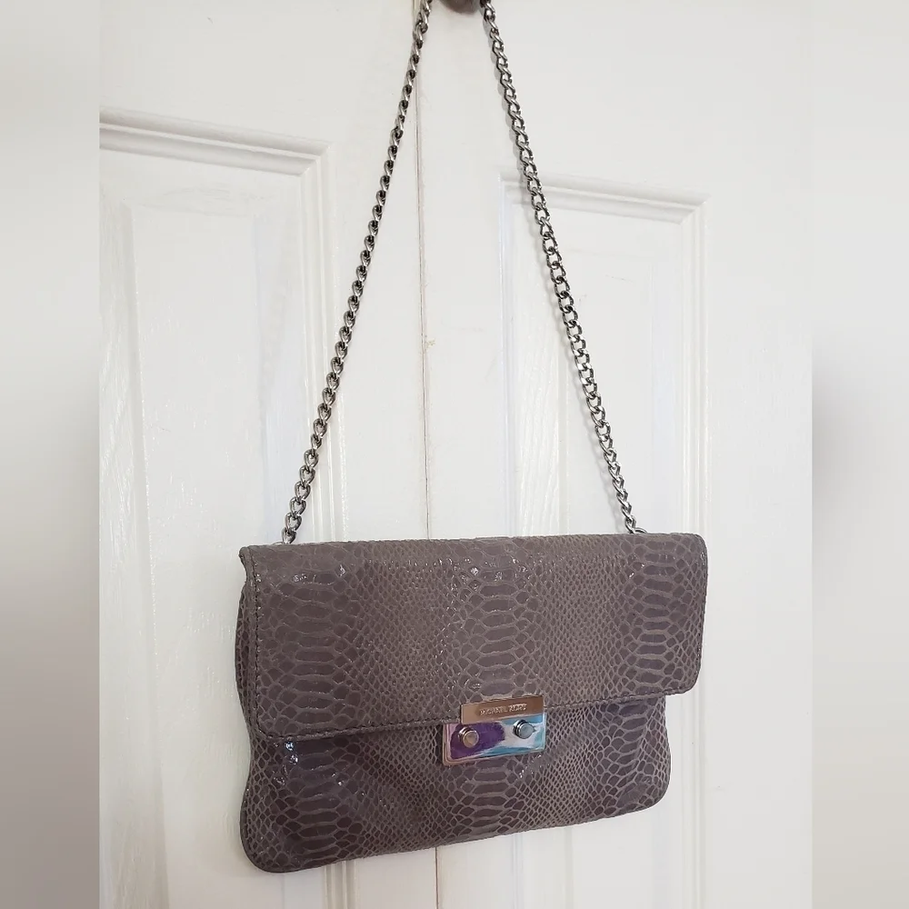 Michael Kors Sloan Angora Snake Emboss Leather Clutch Chain Strap Shoulder Bag